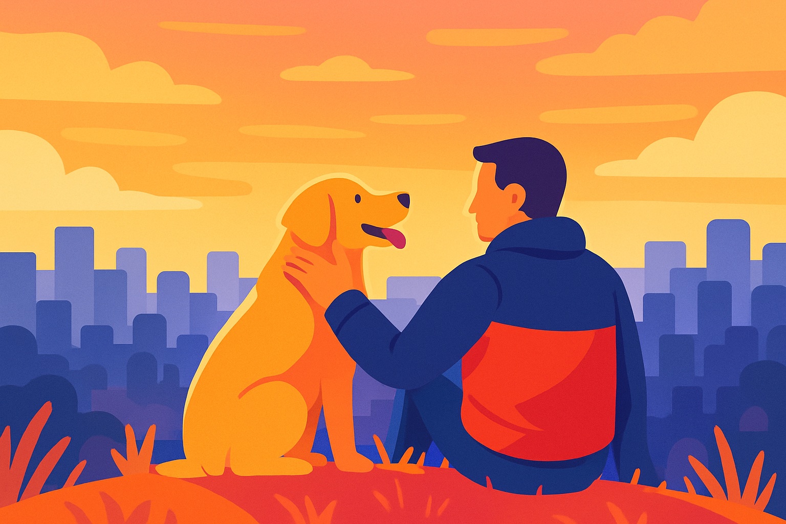 man with arm around his pet looking at the sunset