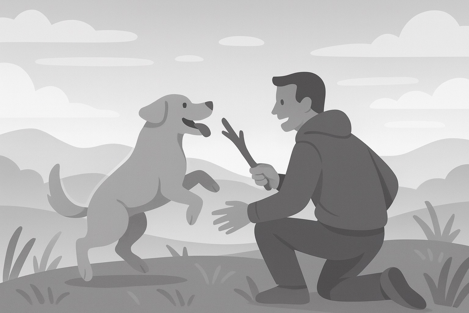 man playing with his pet outside